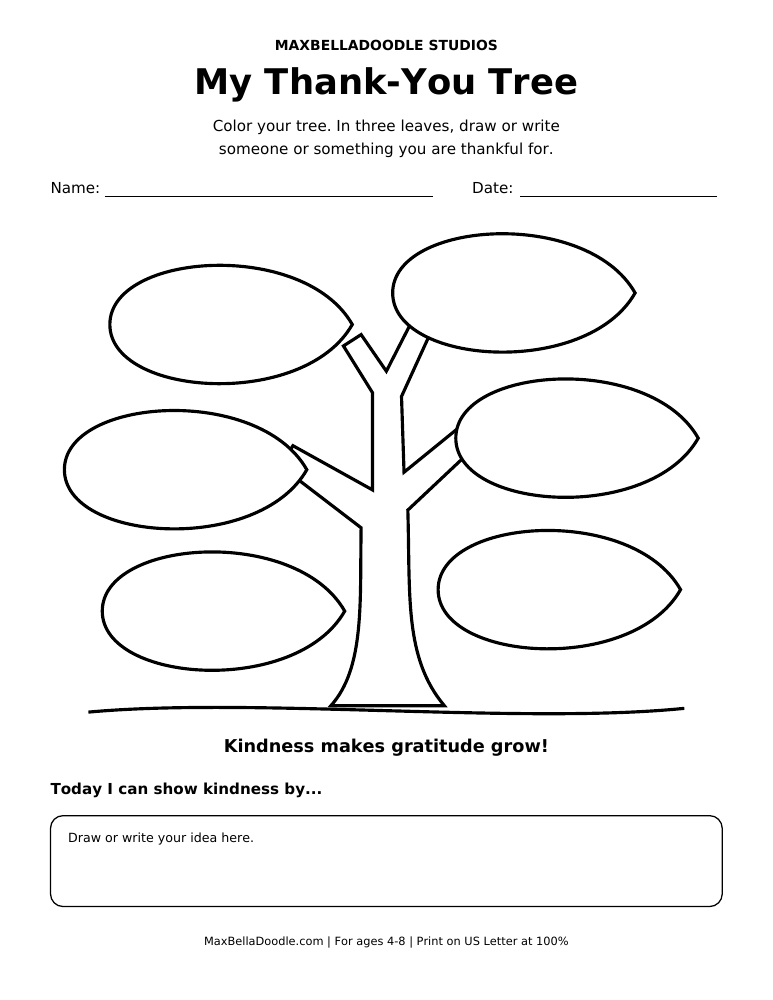 Preview of the printable: a large outline tree with six blank leaves and a kindness drawing box